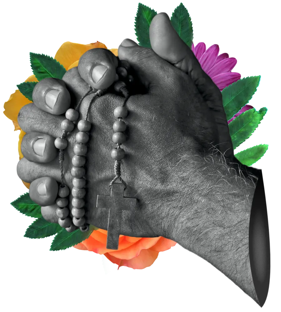 Hand with rosary and flowers in the background.